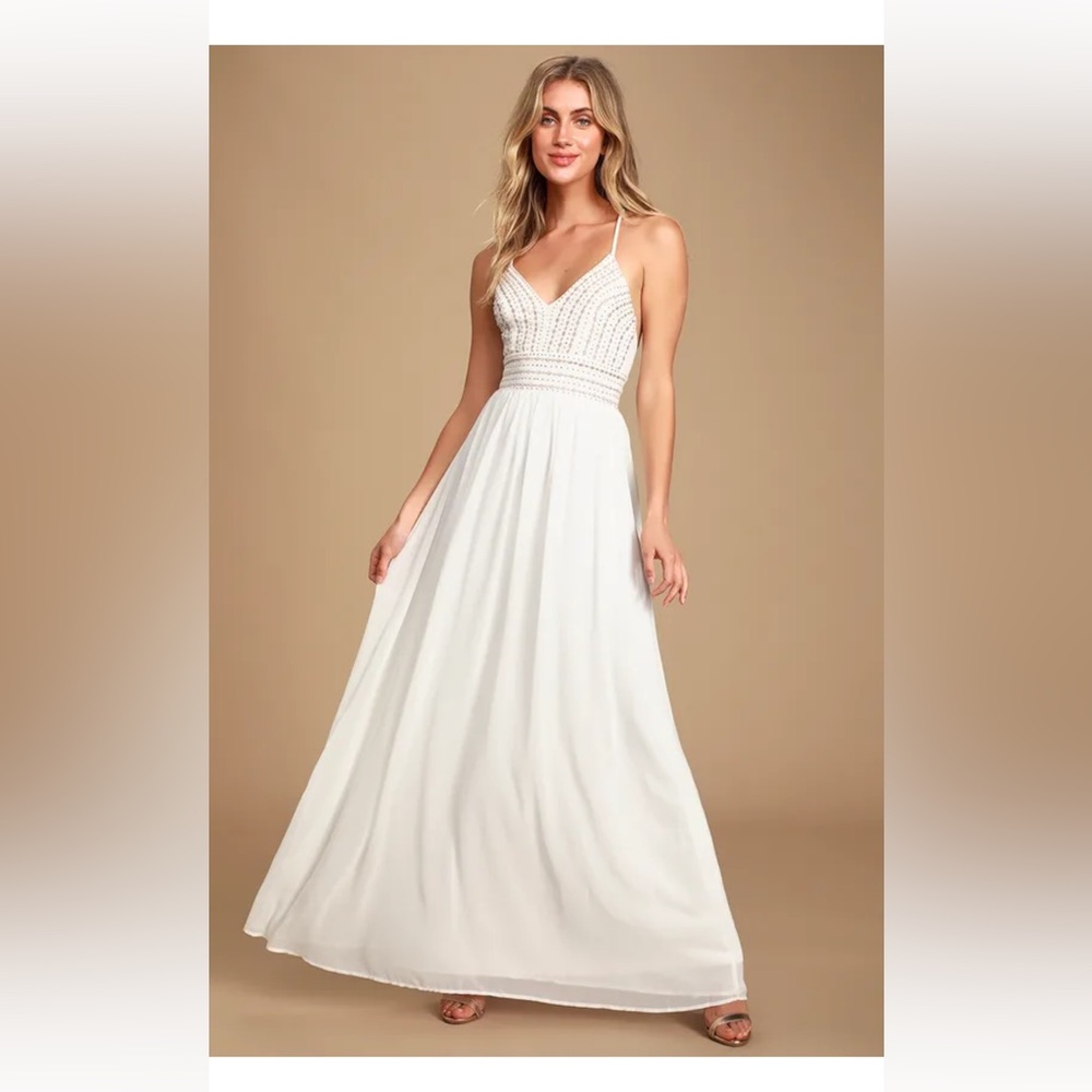 Lulus meet me in Madrid white beaded maxi dress